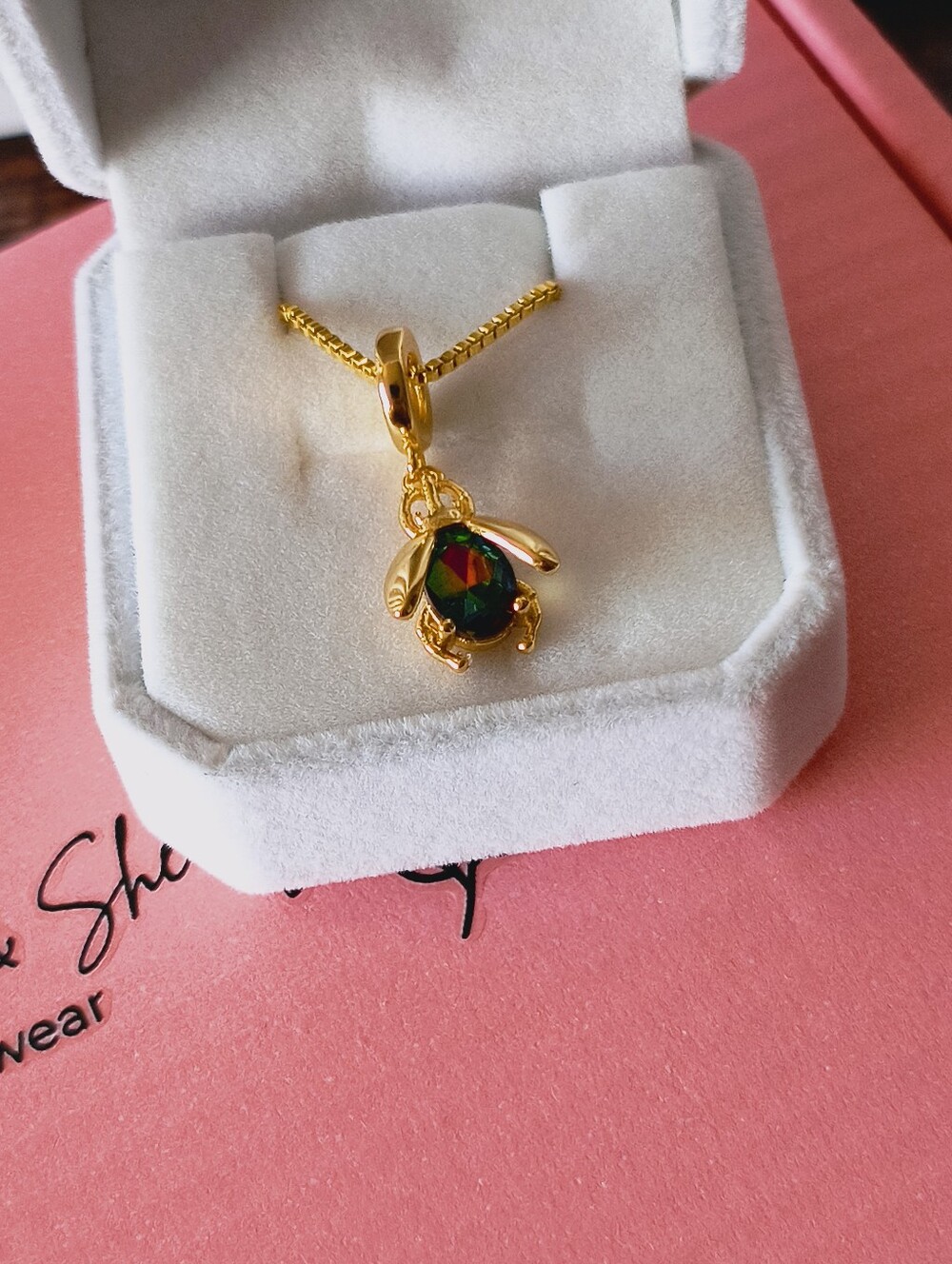 18k Gold Filled Iridescent Beetle Charm Pendant Necklace - White Roses & Sherry